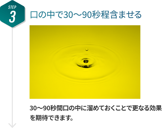 THE CBDのCBDオイルの使い方:その3、口の中で30〜90秒ほど含ませる。30〜90秒間口にの中に溜めておくことで更なる効果を期待できます。