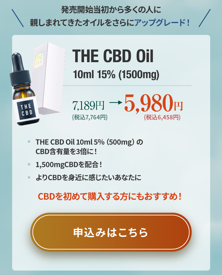 THE CBD Oil 10ml 15％（1500mg）は税込6,458円でTHE CBD Oil 10ml 5％（500mg）のCBD配合量を3倍にした商品です。1,500mgのCBDを配合しており、CBDをもっと身近に感じたい人におすすめです。